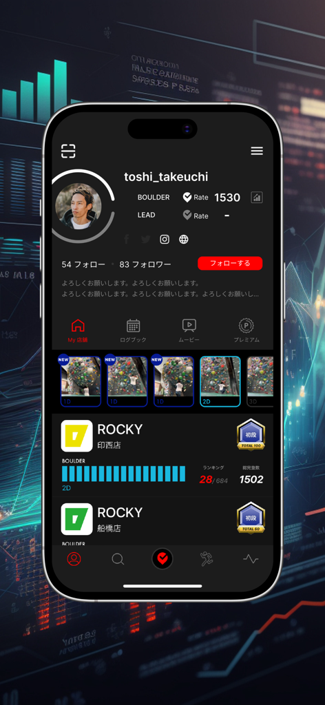 User profile interface of the Satellite climbing app showing boulder ratings rankings and climbing session videos