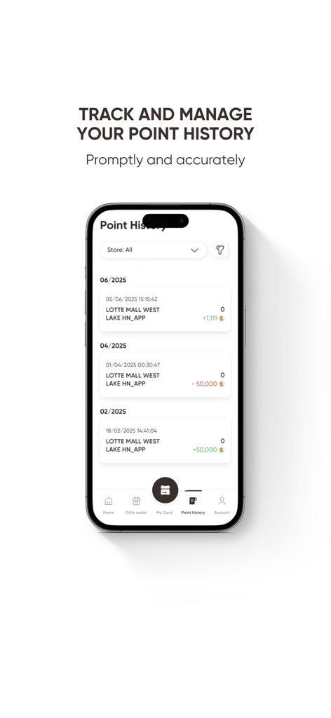 Schermata della cronologia delle transazioni fedeltà dell'app LS POINT