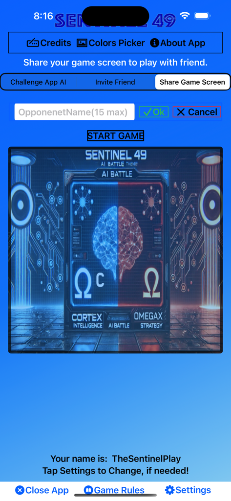Main menu of Sentinel49 word strategy game showing AI battle options and player setup