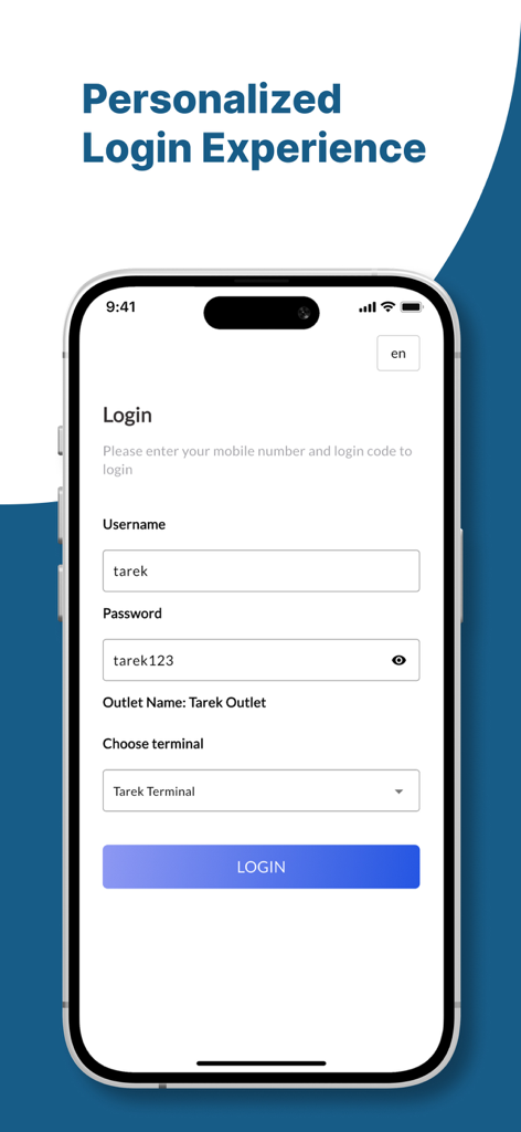 Interface de connexion sécurisée pour les employés de l'application de terminal de paiement Soft POS by fawri