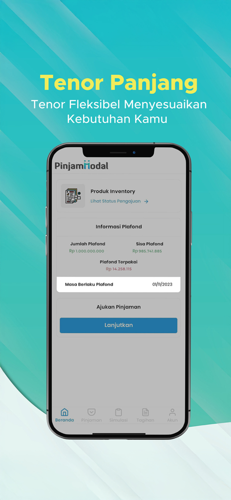 Pinjam Modal - Pinjam Modal app interface showing credit limit and flexible loan tenor details