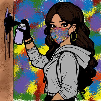 realistic girl with mask spray painting a wall
