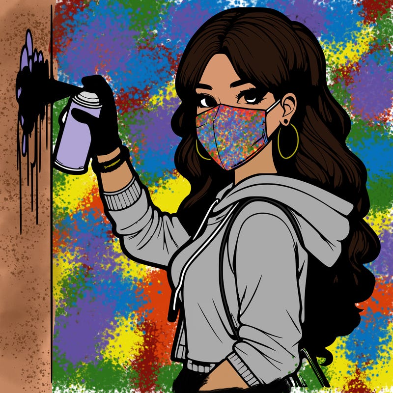 realistic girl with mask spray painting a wall