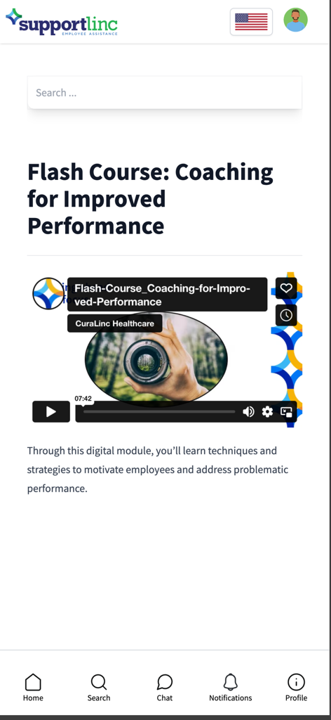 Pantalla de la aplicación eConnect Mobile que presenta un curso rápido sobre coaching para mejorar el rendimiento.