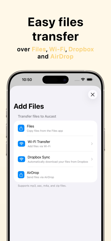 Aucast - mp3 audiobook player - Aucast app screen showing easy file transfer options like Wi-Fi, Dropbox, and AirDrop for audiobooks.