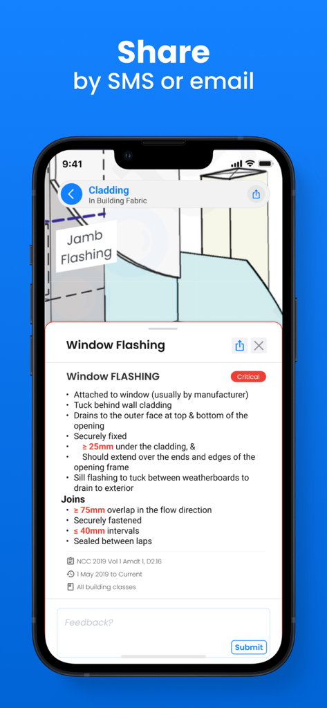 Building Tools - Una pantalla de teléfono inteligente que muestra la aplicación Herramientas de Construcción con requisitos detallados de instalación de sellado de ventanas y una opción para compartir.