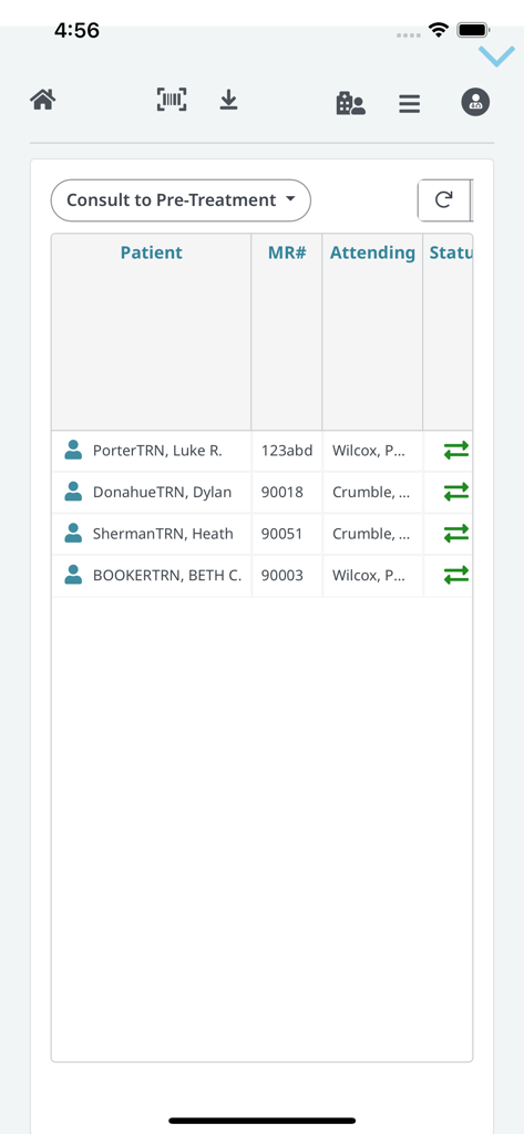 Elekta ONE | Smart View - Patient worklist displaying patient names medical record numbers and attending physicians in the Elekta ONE Smart View app.