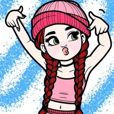realistic teenage girl with braids and a beanie and crop top doing 🫶🏼