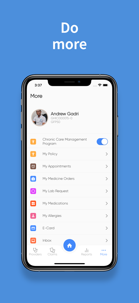 GHIC App - Menu screen of the GHIC health insurance app displaying user profile and various medical service options