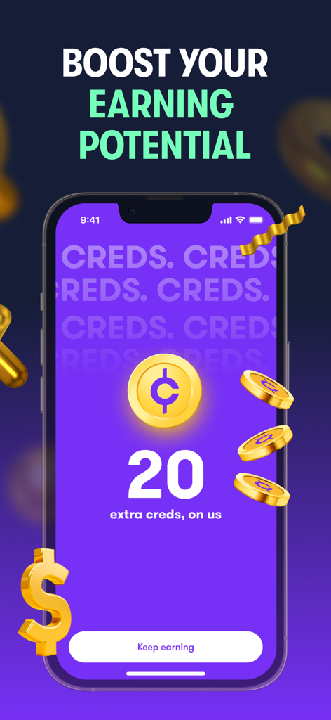 Copper app interface showing a reward of 20 extra creds with the headline Boost Your Earning Potential