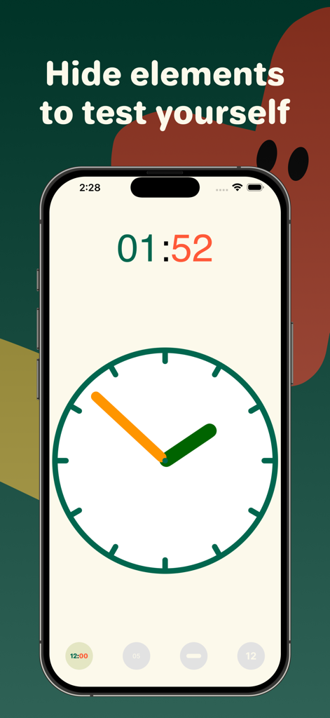 Clock Helper - A mobile interface of the Clock Helper app showing an analog clock without numbers to help children test their time telling skills