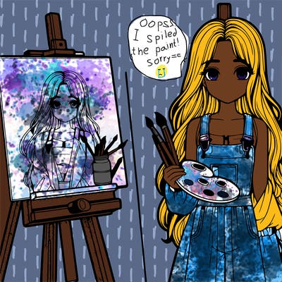 a realistic girl with long hair and shes a painter shes holding a paint pallet and easel with a blank canvas on it next to her