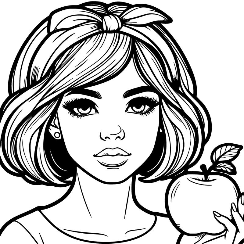 a woman with medium short hair, wearing a headband with a small bow, carrying an apple in her hand, realistic
