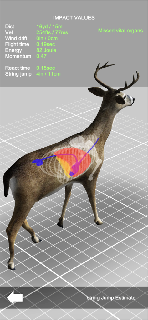 Bow Hunt Simulator app screen showing a 3D whitetail deer anatomy with ballistic impact values and arrow trajectory.