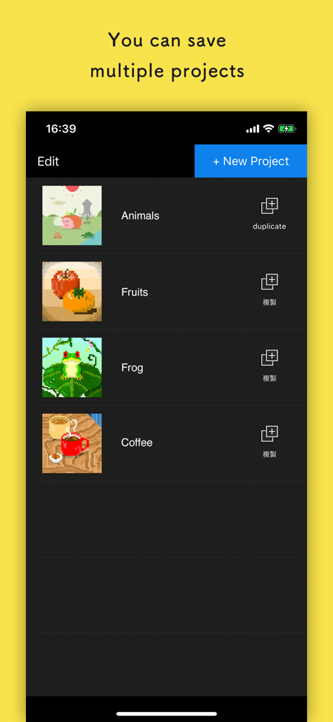 Pixelable - Pixel Art Editor - Pixelable app screen showing a list of saved pixel art projects including animals, fruits, and a frog.