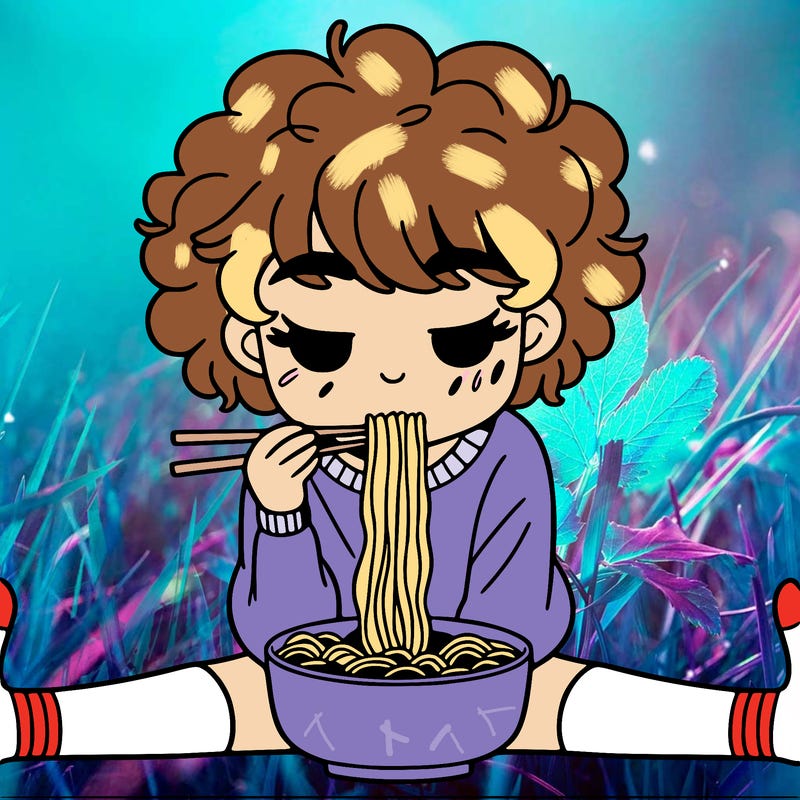 a girl with short curly hair in the splits eating ramen