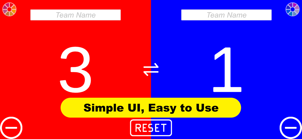 EZ-Scoreboard - Digital sports scoreboard app showing a 3 to 1 score on red and blue team backgrounds.