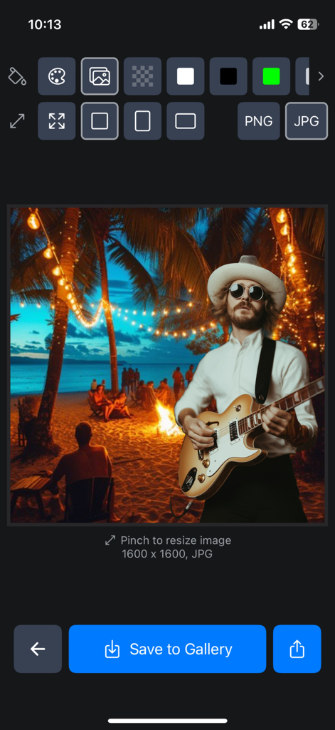 背景透過AIアプリのインターフェイスに、ギターを持った男性がカスタムビーチの背景に表示されている様子