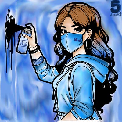 realistic girl with mask spray painting a wall