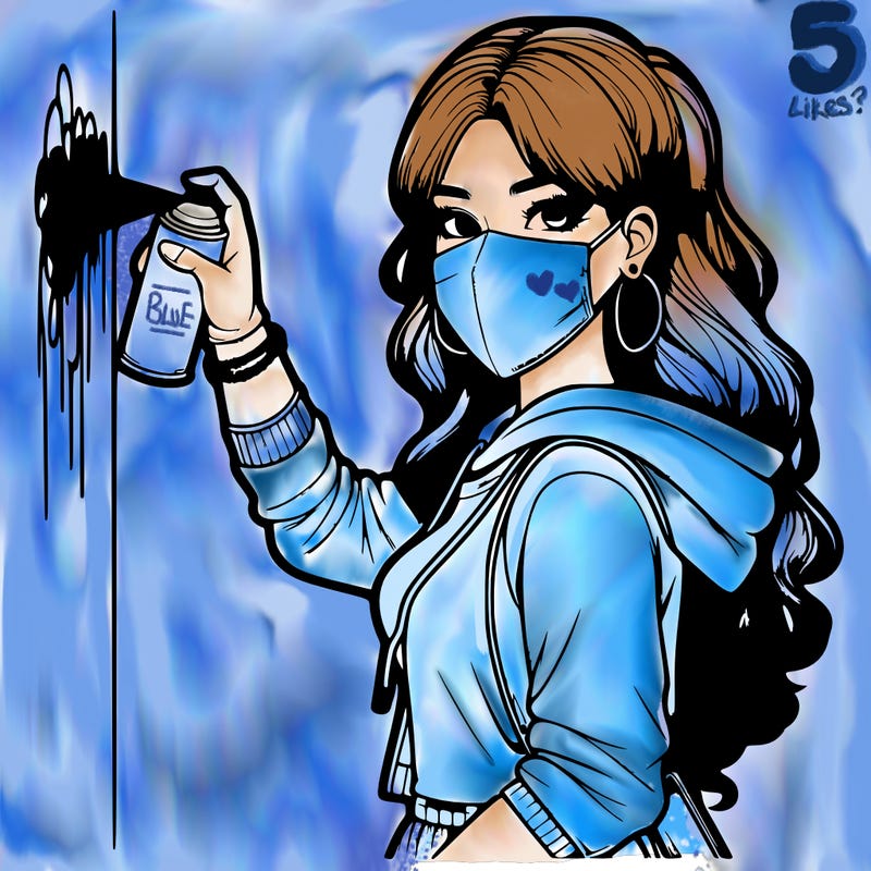 realistic girl with mask spray painting a wall