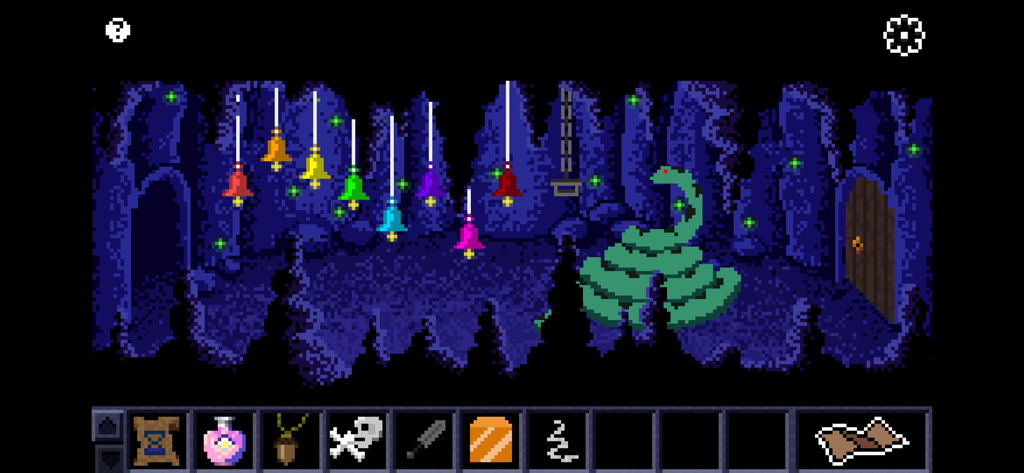 Escape Lala 2 - Un puzzle de cueva de pixel art en Escape Lala 2 con campanas de colores y una serpiente verde