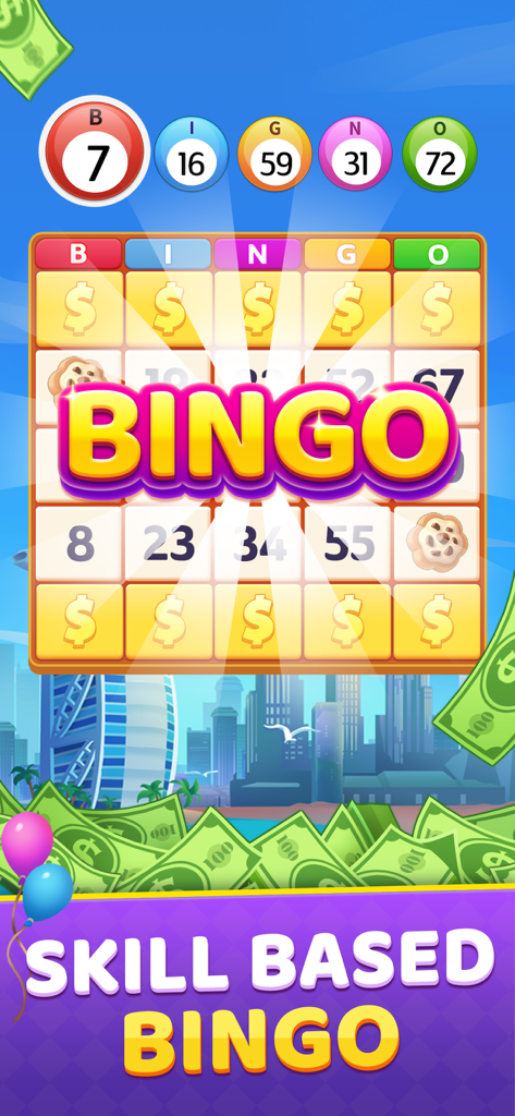 Bingo 2026 Clash - Bingo 2026 Clash mobile game interface showing a bingo card with cash rewards and city background