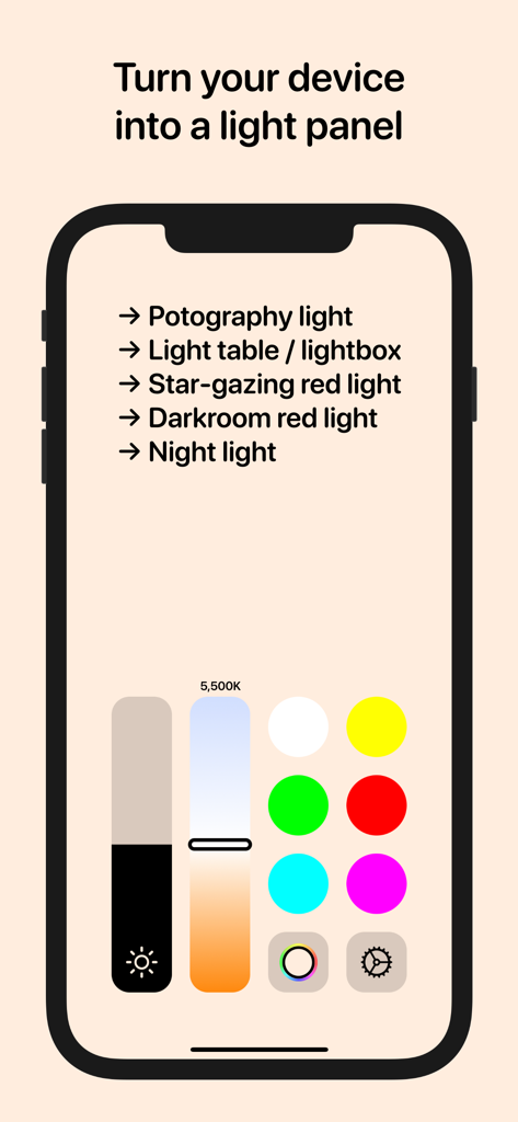 Aplicación Kelvin Light Panel mostrando controles de temperatura de color y brillo para fotografía