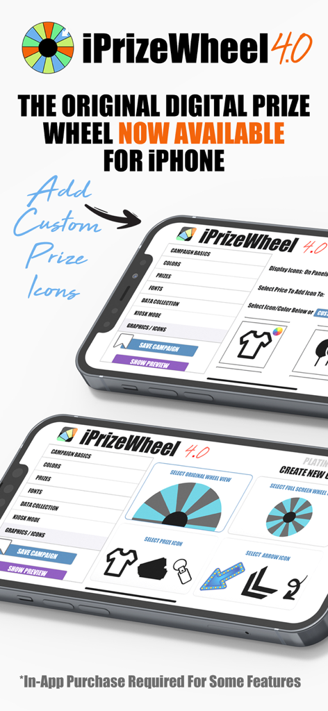 iPrizeWheel 4.0 app on iPhone displaying customization settings for a digital prize wheel with custom icons