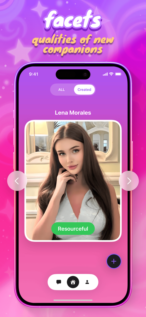 Kado: Chat & Be Yourself - La interfaz de la aplicación Kado muestra un personaje de IA creado llamado Lena Morales con el rasgo de ser ingeniosa