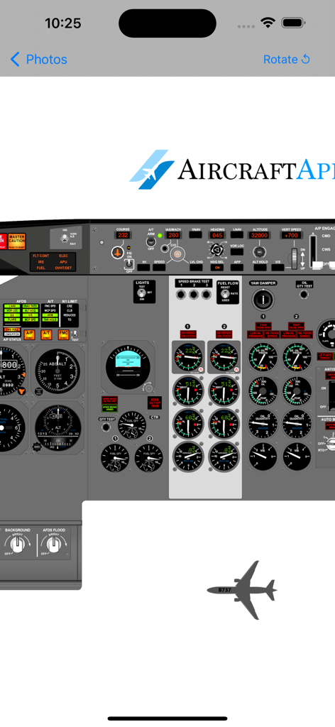 iBOEING B-737 Aircraft Apps - A detailed Boeing 737 cockpit instrument panel with gauges and flight controls for pilot training.