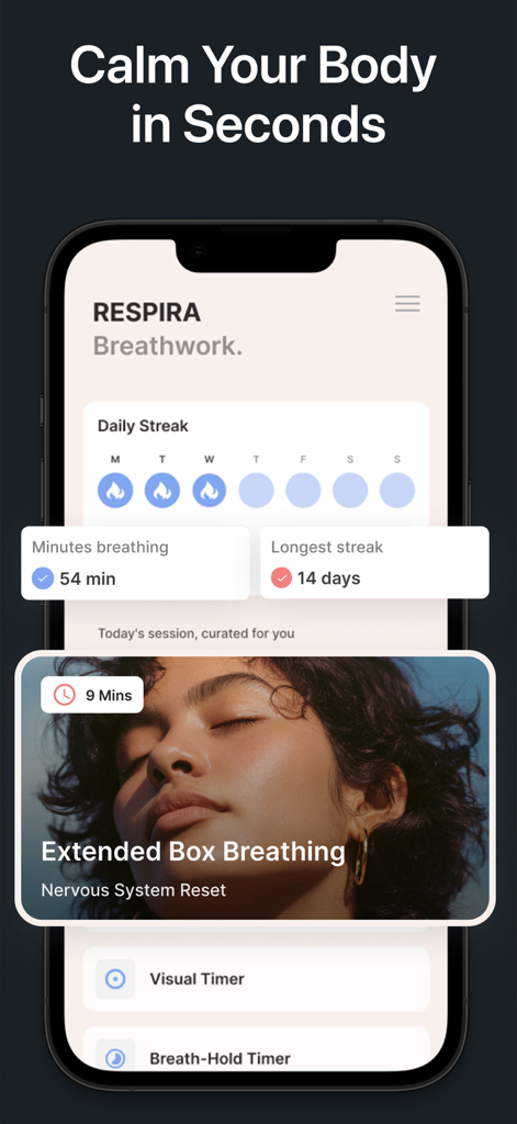 RESPIRA Atemübung App-Oberfläche, die den täglichen Streak und Meditationssitzungen anzeigt