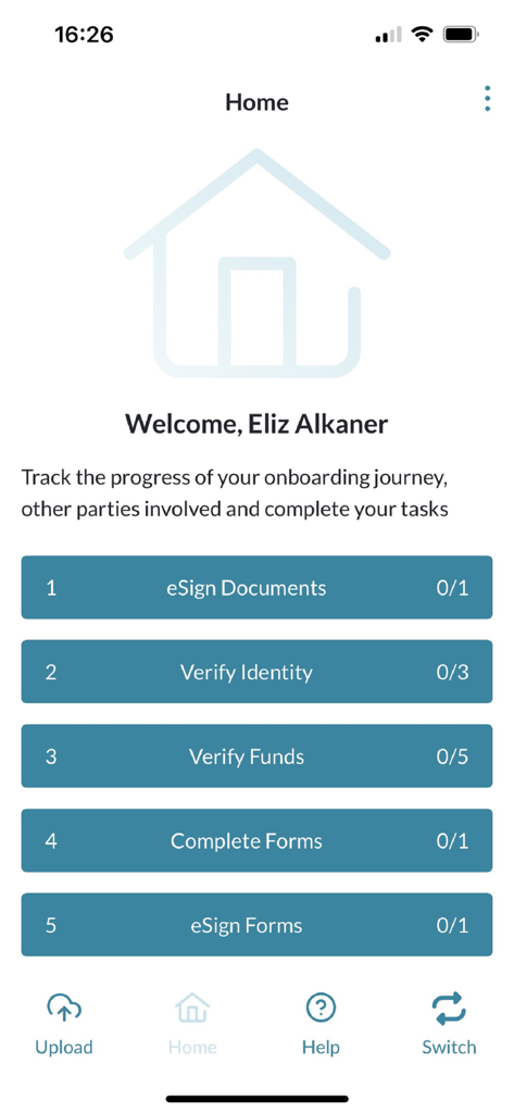 eCOS Legal - Dashboard of eCOS Legal app showing client onboarding tasks like identity verification and document signing