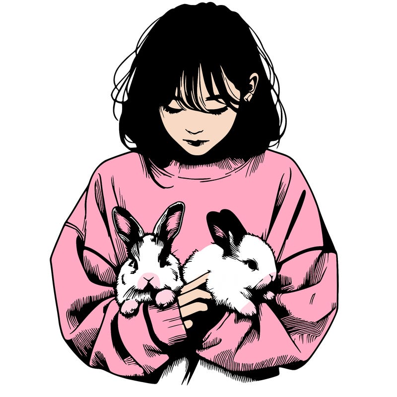 realistic girl with messy bunny baggy sweatshirt and holding bunnies