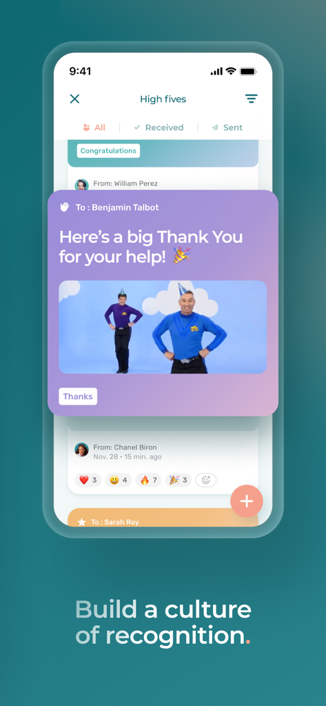 Agendrix – Employee Scheduling - Agendrix mobile app interface showing the High fives feature for employee recognition and peer feedback