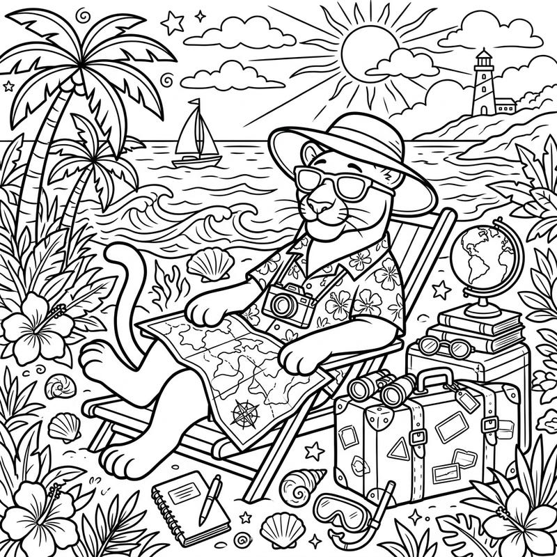 Embark on a relaxing journey with this charming Florida panther enjoying a well-deserved vacation. This intricate coloring page is perfect for nature lovers and travel enthusiasts alike.