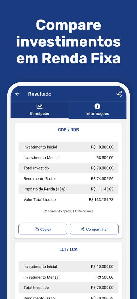 Comparación de resultados de inversiones de renta fija para inversiones en CDB y RDB