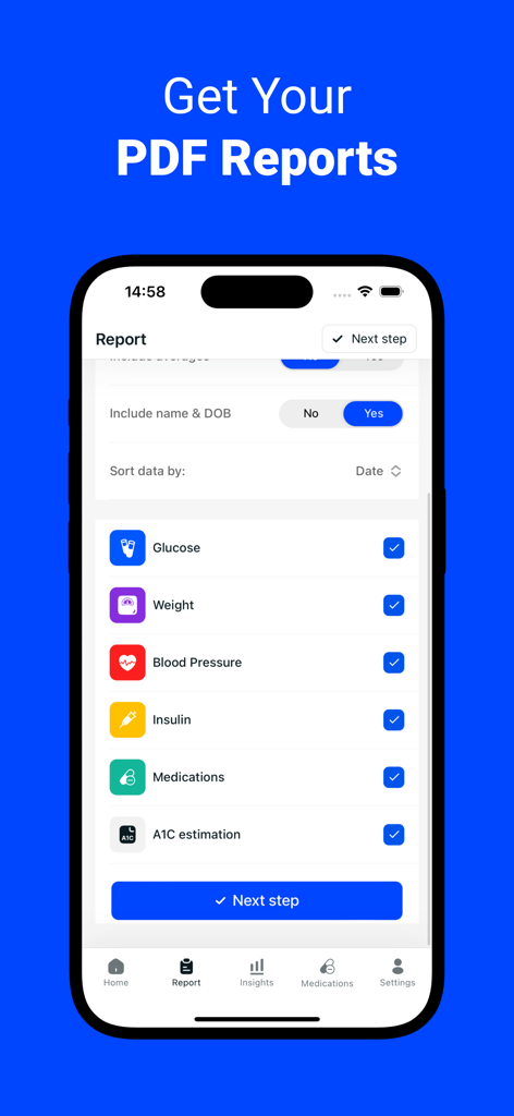 Blood Glucose Monitor・Diabetes - Screenshot der Glucoly App, der den Bildschirm zur Generierung von PDF-Berichten mit Optionen zur Verfolgung von Glukose, Gewicht, Blutdruck und Insulin anzeigt.