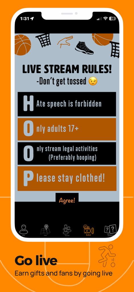 ATH - Pickup Basketball App - ATH app live stream rules screen showing HOOP acronym community guidelines