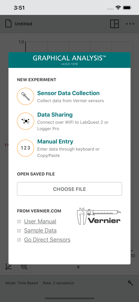 Menú de selección de nuevos experimentos en la aplicación Vernier Graphical Analysis que muestra opciones de recopilación y compartición de datos.
