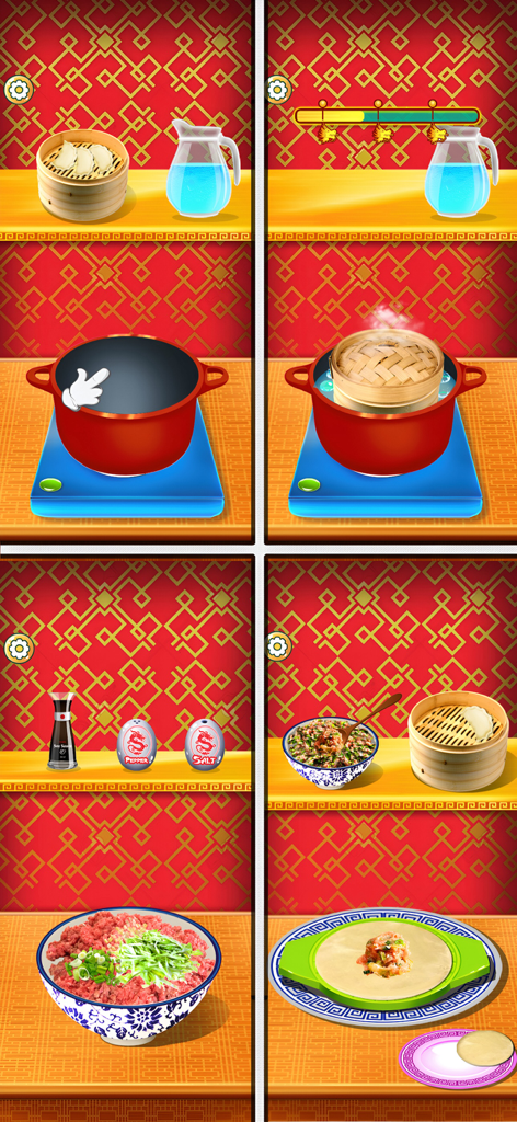 Chinese Food - Cooking Game - Four screen panels showing the process of steaming and assembling Chinese dumplings in a kids cooking game