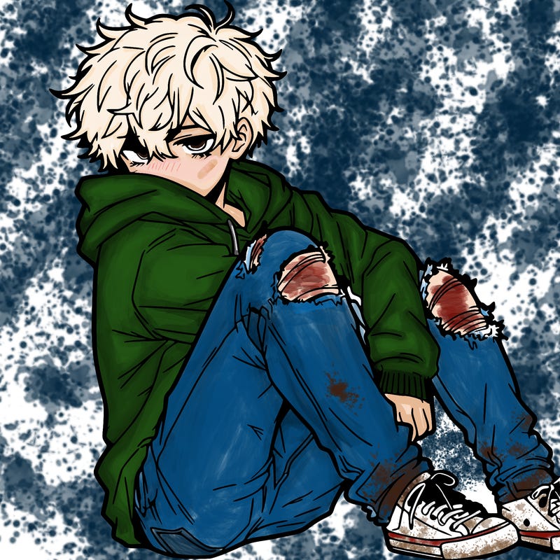 a male hoddie ripped jeans messy hair anime
