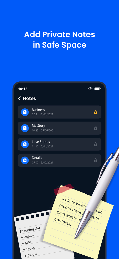 HideU - Calculator Locker - Mobile app interface showing encrypted private notes and folders in a secure vault