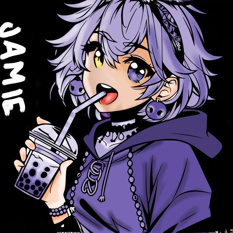 hot baddie anime girl drinking boba and biting the straw