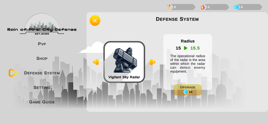 Rain of Fire game interface showing the Vigilant Sky Radar upgrade screen with defensive radius stats