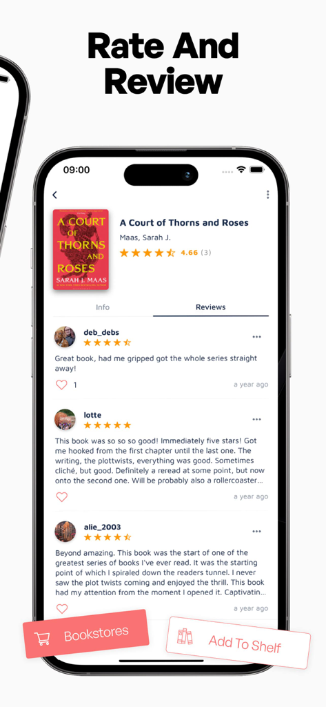 Bookshelf-Your virtual library - Pantalla de la aplicación móvil que muestra calificaciones y reseñas de usuarios para un libro