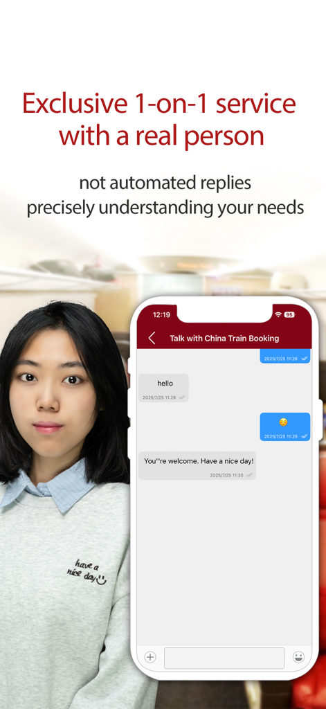 China Train Booking app interface showing real person one on one customer service chat