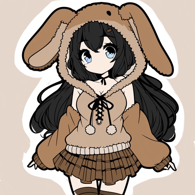 pretty anime girl wearing a fluffy hoodie with bunny ears on the hood and a skirt