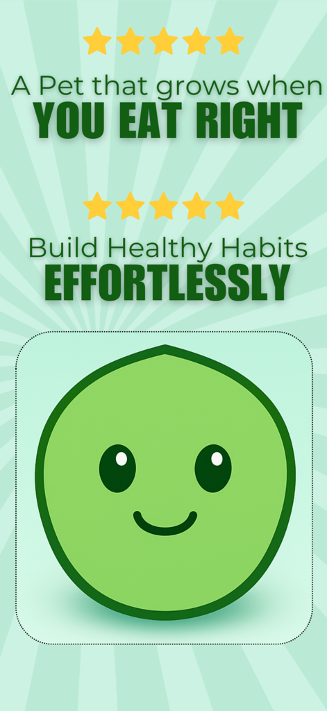 Snapmunch - Snapmunch app interface featuring an adorable green virtual pet and text highlighting habit building through healthy eating