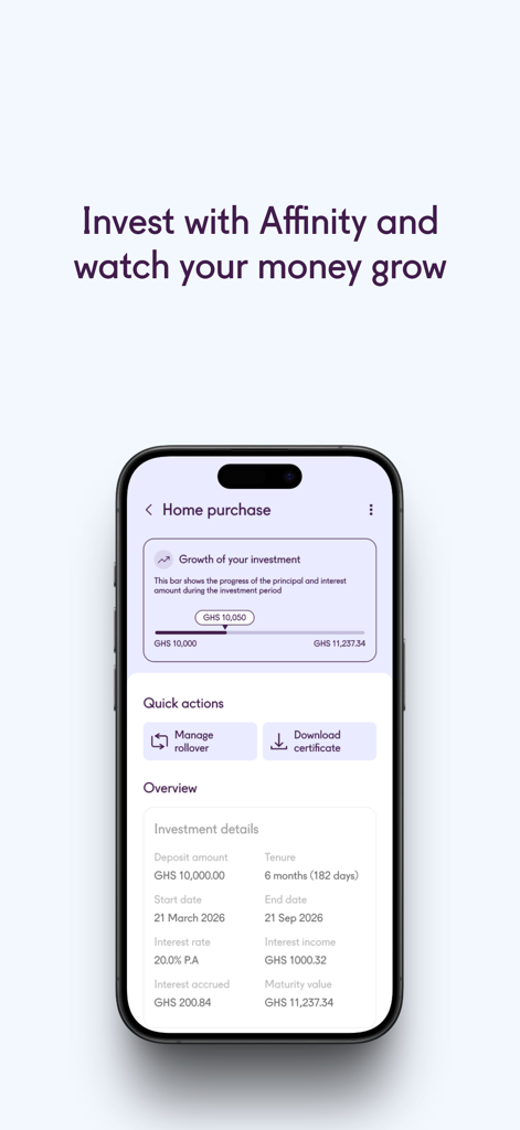 Affinity app screen showing investment growth details and high interest rates for a home purchase account.