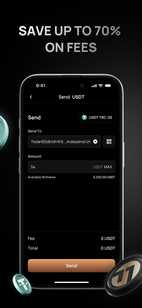 FG Walletのモバイルインターフェイス、USDT TRC-20を低トランザクション手数料で送信するためのもの